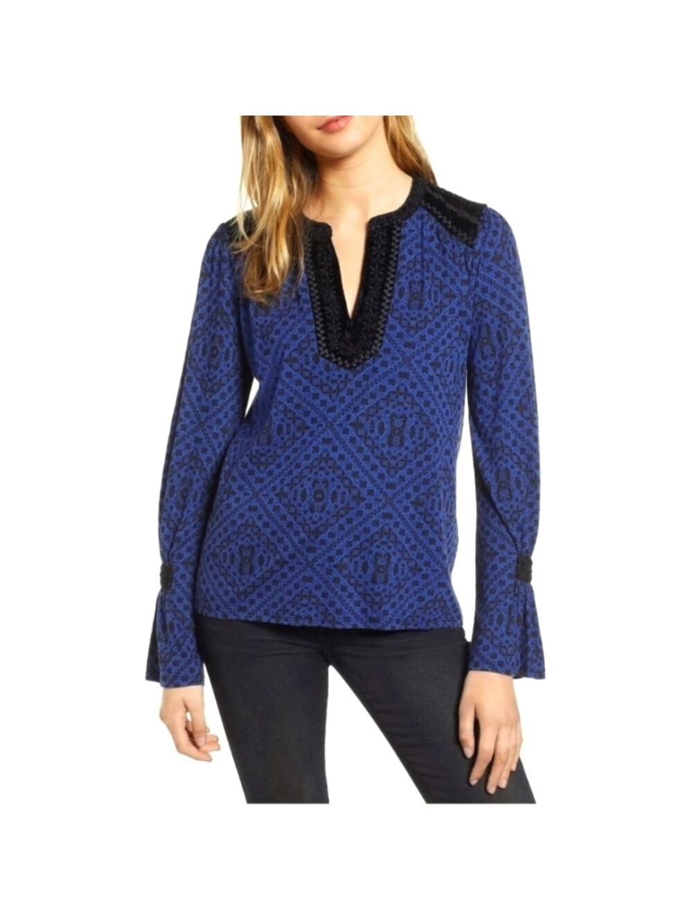 Lucky Brand Royal blue and black print long bell sleeve top Size Medium